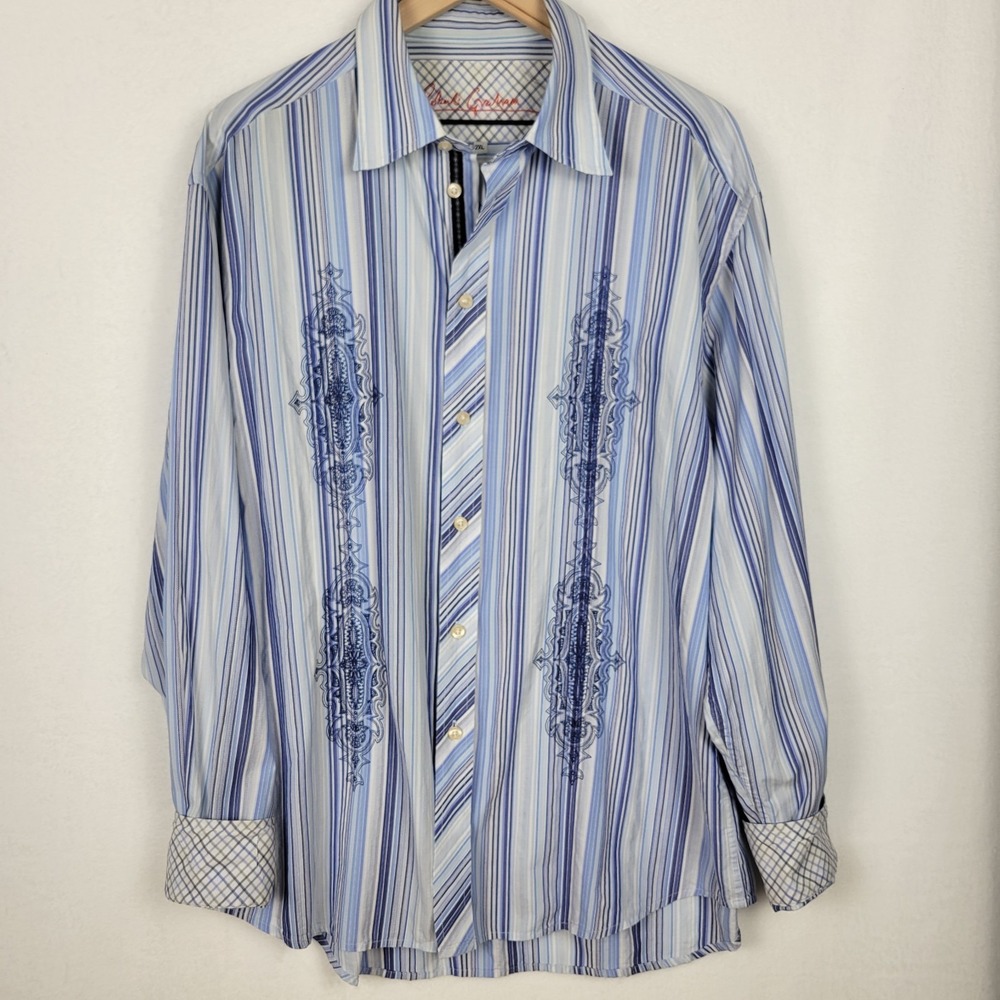 Robert Graham Shirt Mens 2XL Blue Striped Embroidered Boho Button Down Flip Cuff
